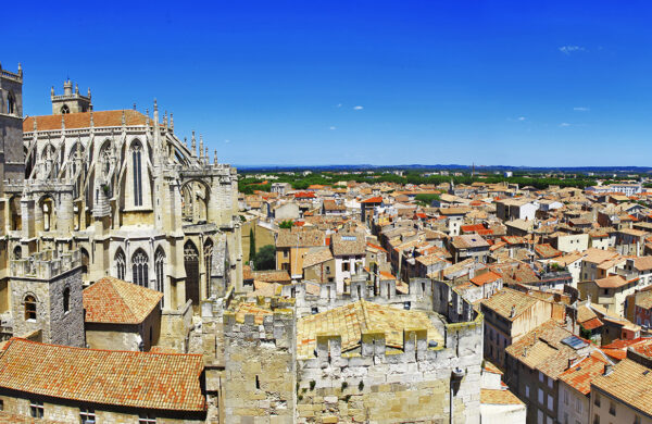 Narbonne , panoramic view with cathedral. south France